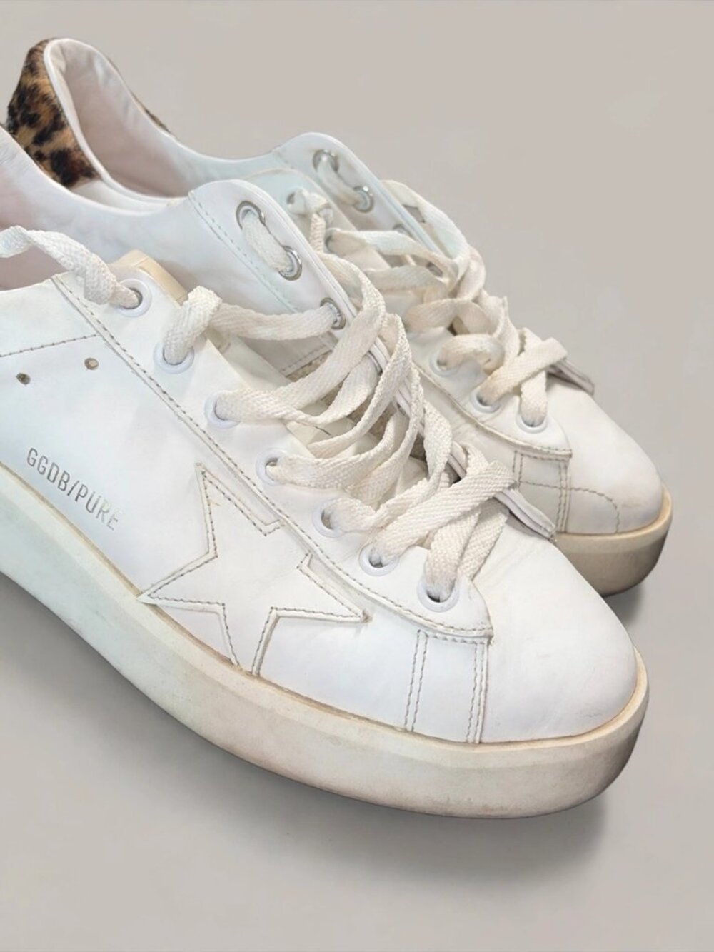 Golden Goose Pure-Star White Leather Sneakers Leopard Heel Tab – Women's US 7